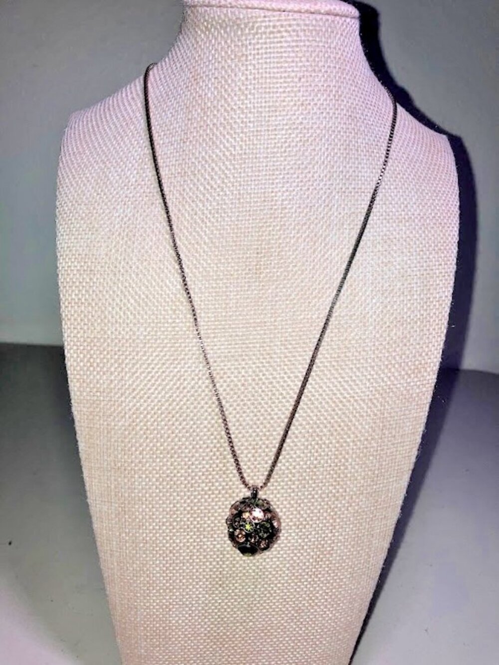 Fossil Vintage Disco Ball Orb Necklace Multi Colored Rhinestones Bronze Chain